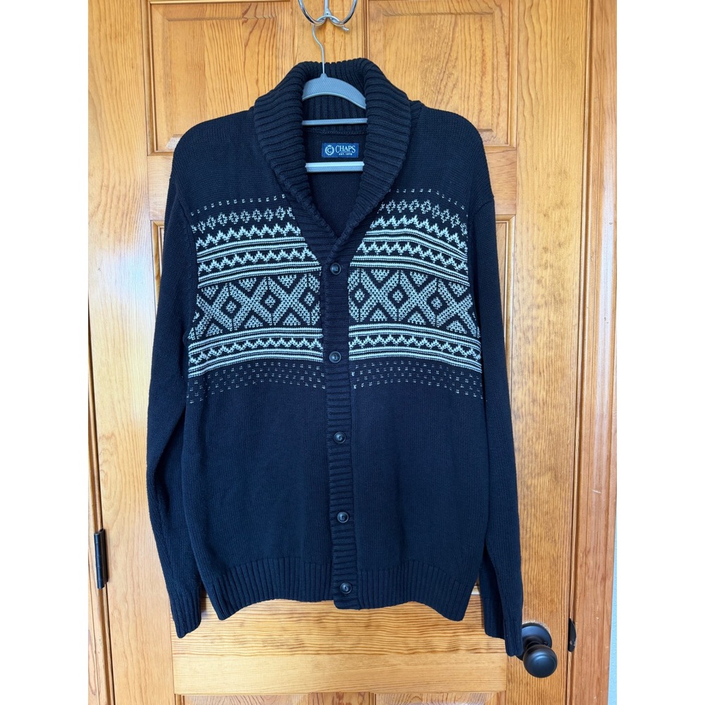 Chaps Mens Navy Blue Fair Isle Shawl Collar Button Front Cardigan Sweater Large